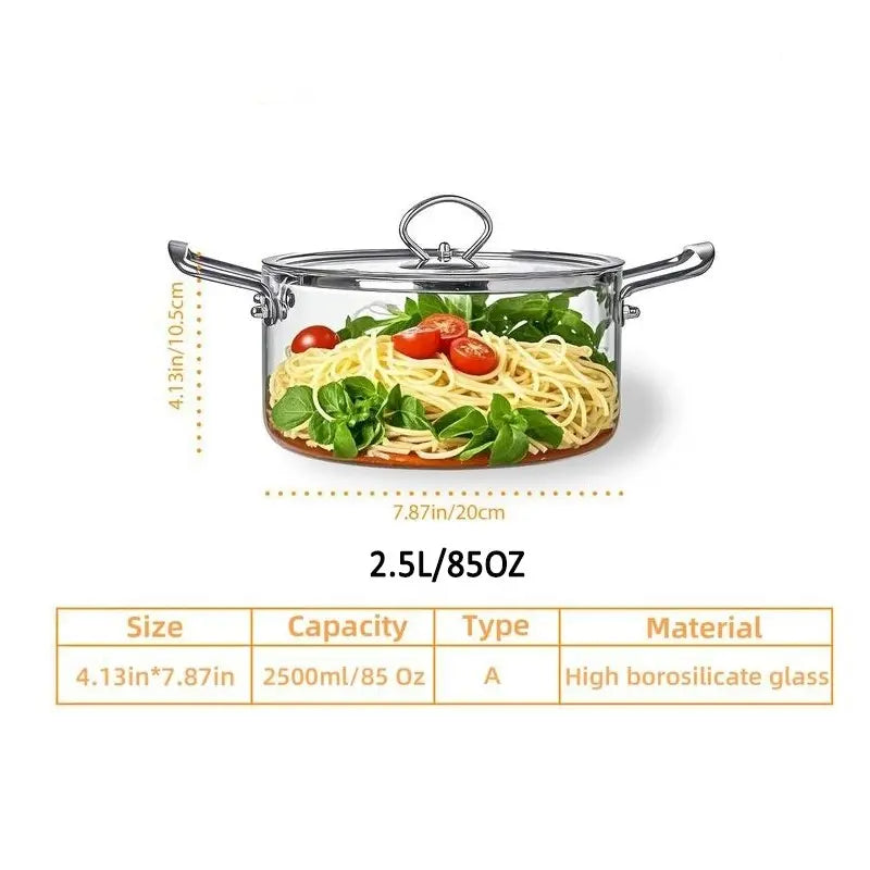 Large Capacity Glass Pot with Lid,1 Count Stainless Steel Handle Cookware,Clear Glass Pasta Pot, Glass Simmer Pot, Ramen Pot, Stew Pot, Soup Pot, Cooking Pot for Home Kitchen, Kitchen Pots, Transparent